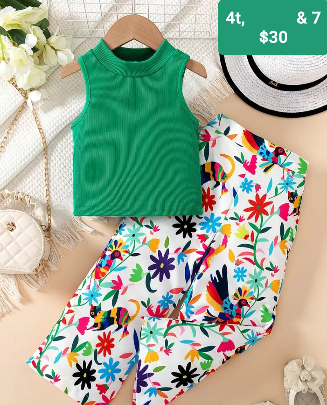 Green sleeveless tropical set