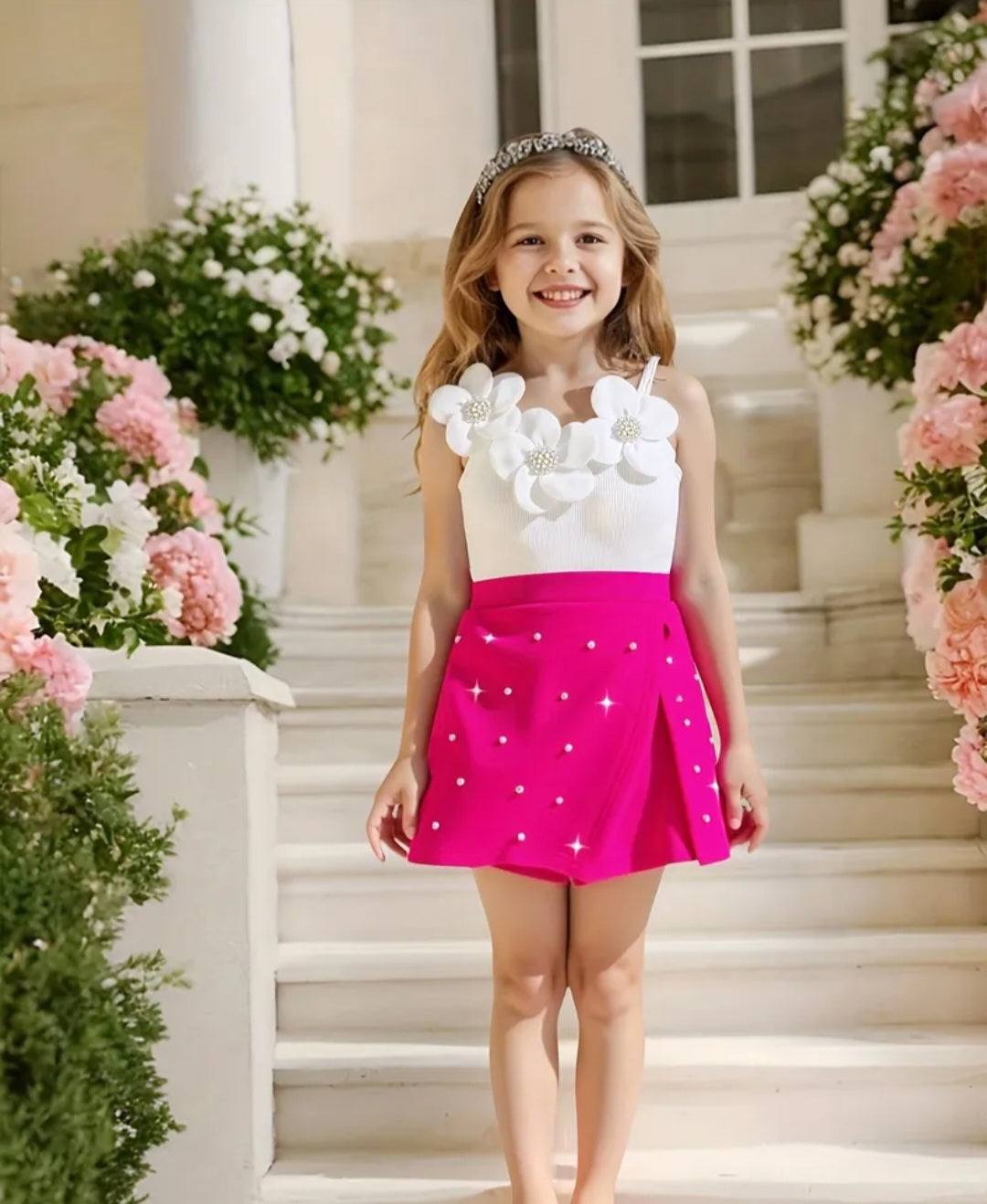 Pearl studded skirt 2 pc bow set