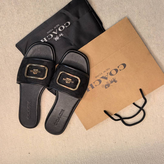 Black and Gold Coach sandals