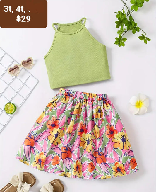 Green floral halter set
